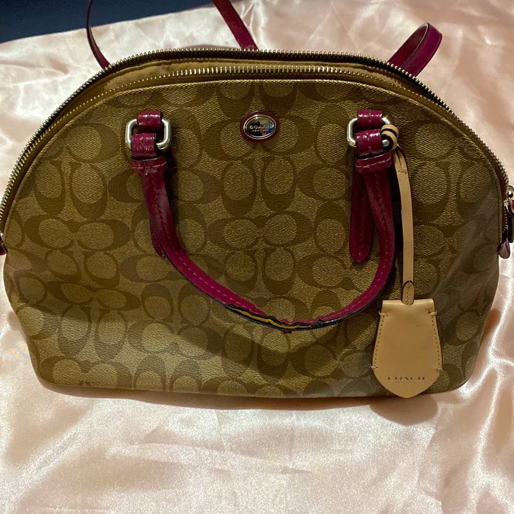 Coach PEYTON SIGNATURE CORA DOMED SATCHEL (COACH F24606) SILVER/KHAKI/PLUM